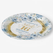 Luxury Dusty Blue Sweet 16 Gold Glitzer Party Pappteller (Schrägansicht)