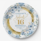 Luxury Dusty Blue Sweet 16 Gold Glitzer Party Pappteller (Vorderseite)