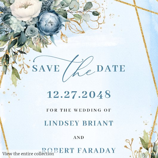 Luxury Dusty Blue White Gold Peonies Save the Date Einladung
