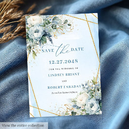 Luxury Dusty Blue White Gold Peonies Save the Date Einladung