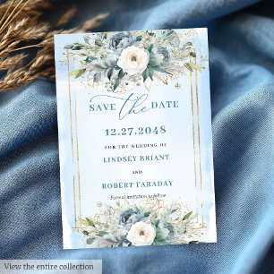 Luxury Dusty Blue White Gold Peonies Save the Date Einladung