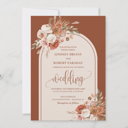 Luxury Dusty Orange Pampas Grass Boho Wedding Einladung (Vorderseite)