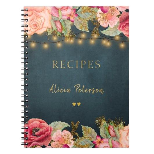 Luxury elegant blush navy gold floral recipe book notizblock (Vorderseite)