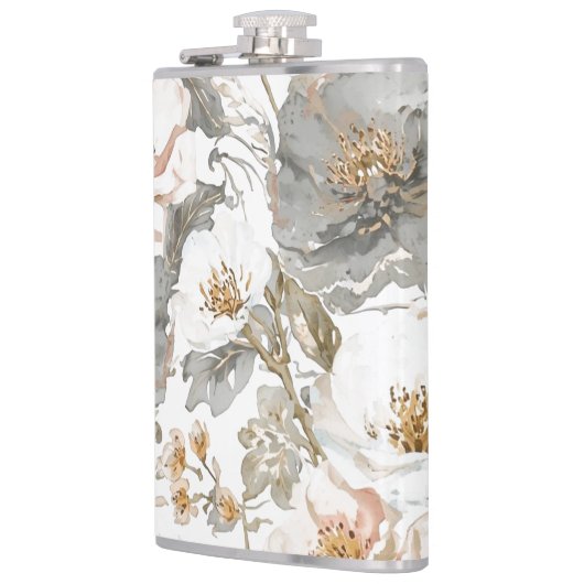 Luxury, Elegant, Gold Grey Flowers Pattern Flachmann (Links)