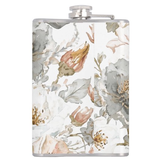 Luxury, Elegant, Gold Grey Flowers Pattern Flachmann (Rückseite)