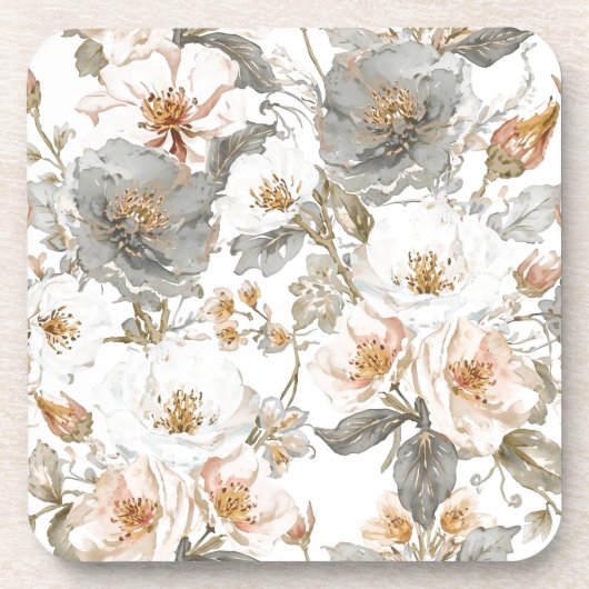 Luxury, Elegant, Gold Grey Flowers Pattern  Getränkeuntersetzer (Vorderseite)
