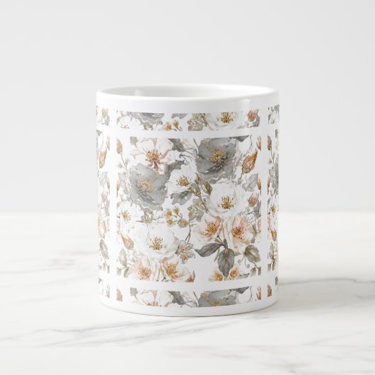 Luxury, Elegant, Gold Grey Flowers Pattern Jumbo-Tasse (Vorderseite)