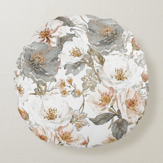 Luxury, Elegant, Gold Grey Flowers Pattern  Rundes Kissen (Vorderseite)