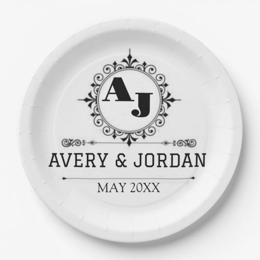 Luxury Elegant Monogram with Initials white Pappteller (Vorderseite)