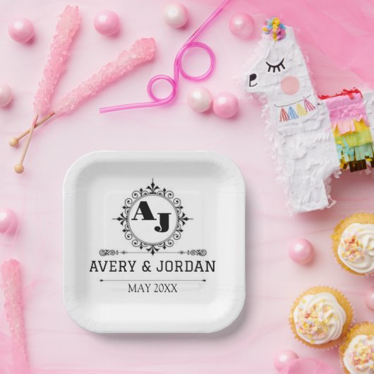 Luxury Elegant Monogram with Initials white Pappteller (Party)