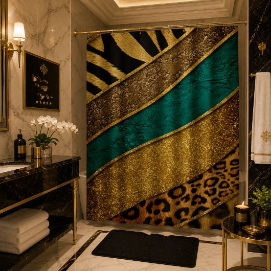 Luxury Emerald & Gold Safari Leopard Zebra Glitter Duschvorhang