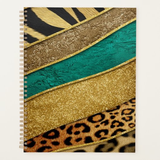 Luxury Emerald & Gold Safari Leopard Zebra Glitter Planer (Vorderseite)
