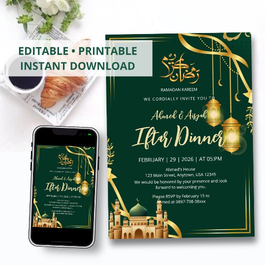 Luxury Emerald Green and Gold Mosque Iftar Dinner Einladung