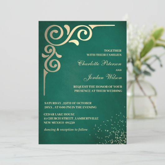 Luxury Emerald Green and Gold Wedding Einladung (Stehend Vorderseite)