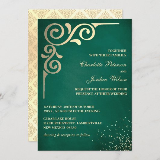 Luxury Emerald Green and Gold Wedding Einladung (Vorne/Hinten)