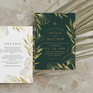 Luxury Emerald Green Gold Leaf Wedding Einladung