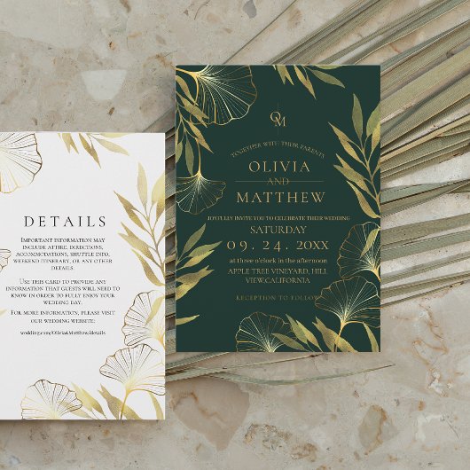 Luxury Emerald Green Gold Leaf Wedding Einladung