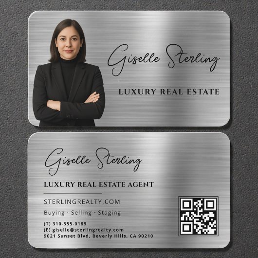 Luxury Faux Silver Metallic Realtor Photo QR Code Visitenkarte