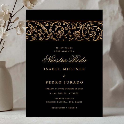 Luxury Floral Gold & Black Nuestra Boda Wedding Einladung