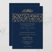 Luxury Floral Gold Navy Blue Islamic Wedding Einladung (Vorne/Hinten)