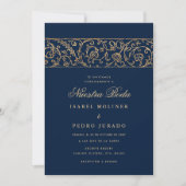 Luxury Floral Gold Navy Blue Nuestra Boda Wedding Einladung (Vorderseite)