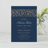 Luxury Floral Gold Navy Blue Nuestra Boda Wedding Einladung (Stehend Vorderseite)