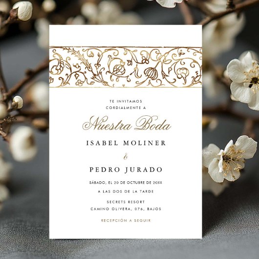 Luxury Floral Gold Nuestra Boda Spanish Wedding Einladung