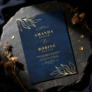 Luxury Floral Navy Blue & Gold Wedding Einladung