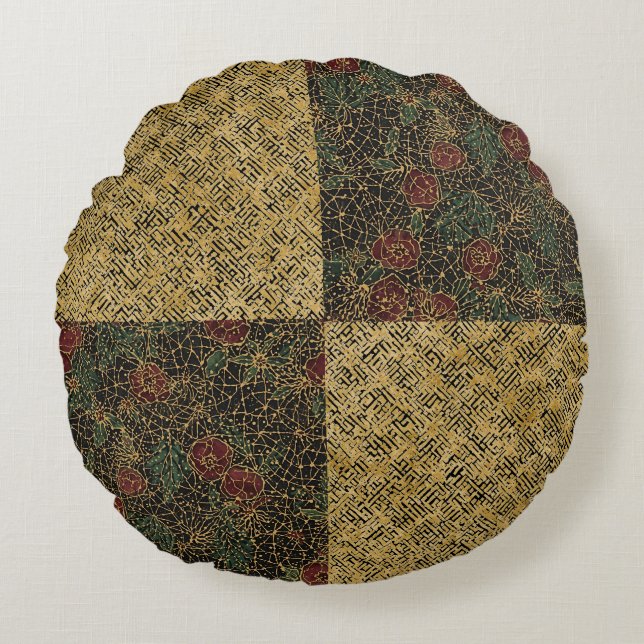 Luxury Flowers and Gold Pattern ,Gold Black Red  Rundes Kissen (Vorderseite)