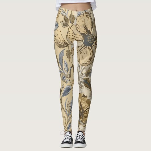 Luxury Flowers are Blooming, Gold Beige Soft Blue Leggings (Vorderseite)