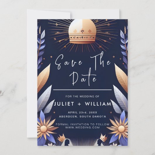 Luxury Fuchsia Crown Royal Blue Wedding Save The Date (Vorderseite)
