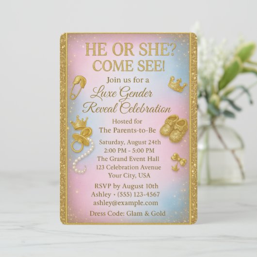 Luxury Gender Reveal Invitation with Gold Glitter Einladung (Stehend Vorderseite)