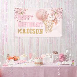 Luxury Girl Birthday Pink Gold Basketball Banner