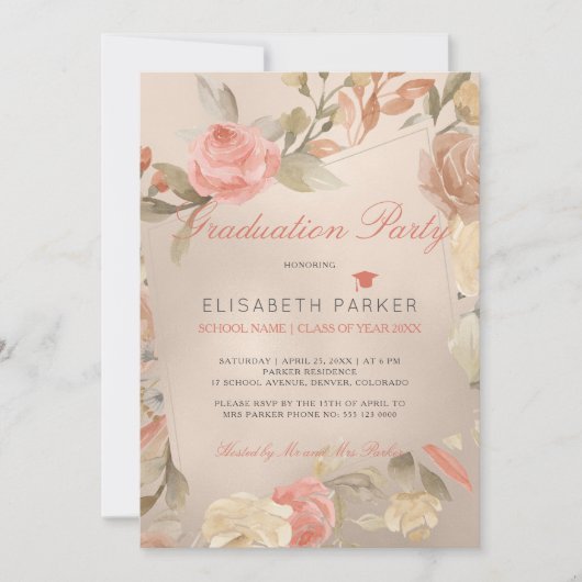 Luxury Glam Peach Cream Floral Graduation Party Einladung (Vorderseite)