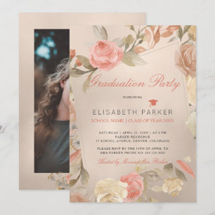 Luxury Glam Peach Floral FOTO Graduation Party Einladung