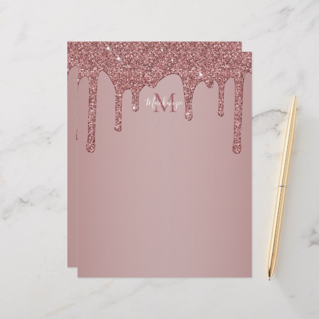 Luxury Glam Rose Gold Driving Glitzer Monogram Briefbogen (Vorderseite/Rückseite Beispiel)