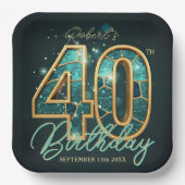 Luxury Glam Teal Gold Agate 40th Birthday Party Pappteller (Vorderseite)