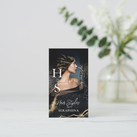 Luxury Glamor Hair Stylist Salon Black Gold Agate Visitenkarte (Stehend Vorderseite)
