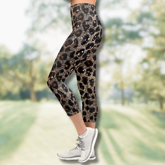 Luxury Glitter Brown Black Gold Leopard Pattern Capri Leggings