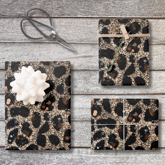 Luxury Glitter Brown Black Gold Leopard Pattern Geschenkpapier Set