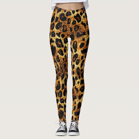 Luxury Glitter Gold Brown Rust Leopard Pattern Leggings (Vorderseite)