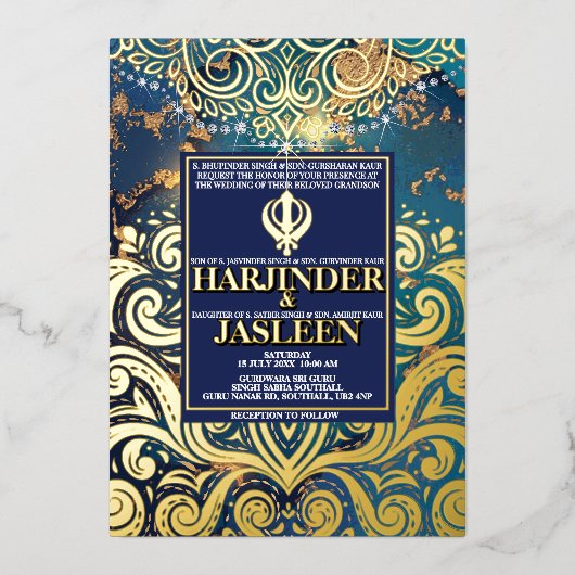 Luxury Glitzer Blue Sikh Anand Karaj Indian Folieneinladung (Vorderseite)