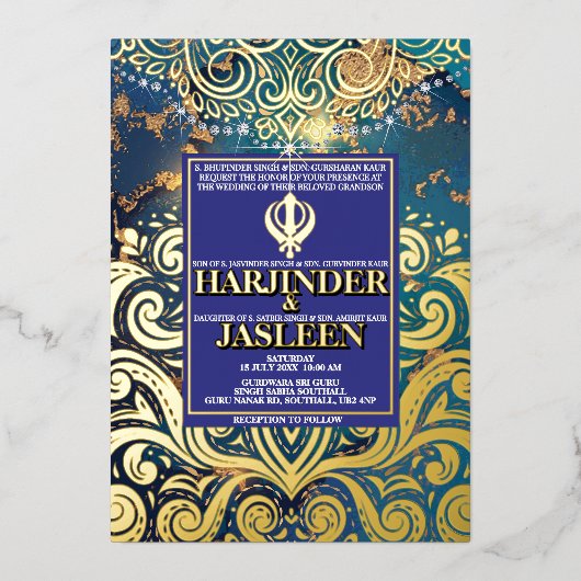 Luxury Glitzer Blue Sikh Anand Karaj Indian Folieneinladung (Vorderseite)