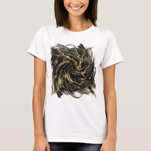 Luxury Gold and Black Abstract Marble Ink Flow T-Shirt (Vorderseite)