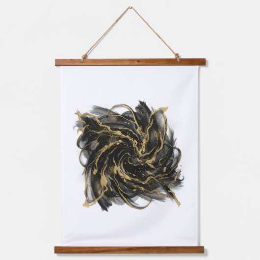 Luxury Gold and Black Abstract Marble Ink Flow Wandteppich Mit Holzrahmen (Vorderseite)