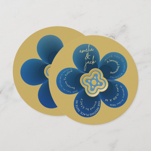 Luxury Gold and Navy Blue Floral Wedding Einladung (Vorne/Hinten)