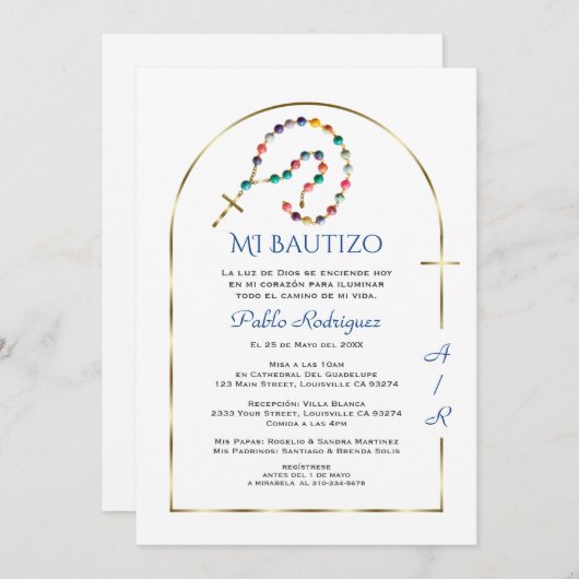 Luxury Gold Arch Rosary Boy Monogram Bautizo Einladung (Vorne/Hinten)