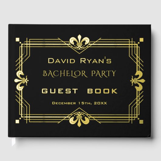 Luxury Gold Black Art Deco 20s Bachelor Party Gästebuch (Vorderseite)