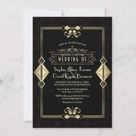 Luxury Gold Black Art Deco Fleur-de-Lis Wedding Einladung