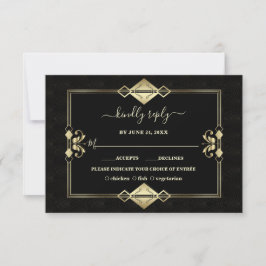 Luxury Gold Black Art Deco Fleur-de-Lis Wedding RSVP Karte